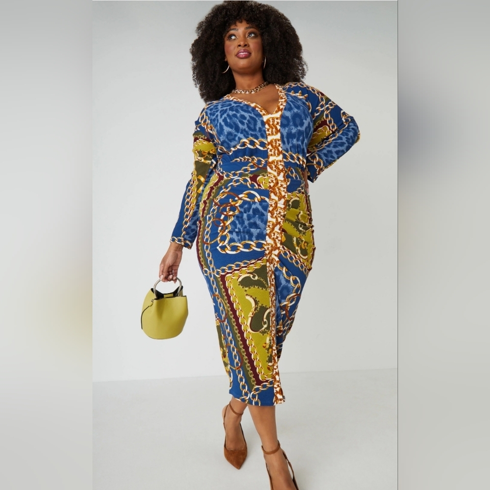 Blue and Lime Green Ruched Sheath Dress with Long Sleeves